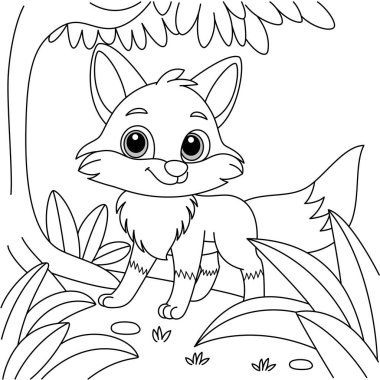 Cute kawaii fox cartoon character in the forest background coloring page vector illustration clipart