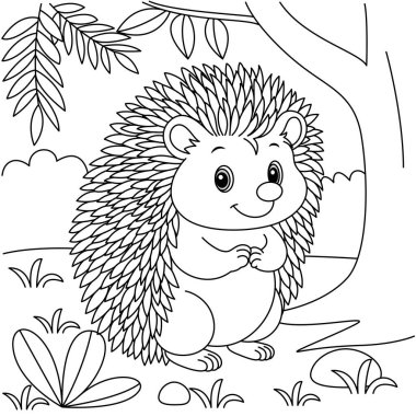 Tatlı kawaii kirpi çizgi film karakteri ormandaki arka plan renklendirme sayfası illüstrasyonunda