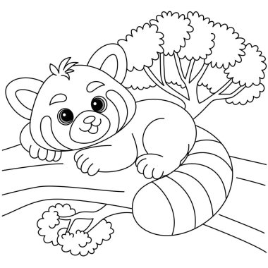 Şirin kawaii kırmızı panda ağaç karikatür karakter arkaplan boyama sayfa çizimi