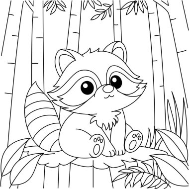Ormanın arka plan renklendirme sayfası illüstrasyonundaki sevimli kawaii Rakun çizgi film karakteri
