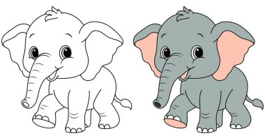 Beyaz arkaplan vektör illüstrasyonunda izole edilmiş şirin kawaii Fil çizgi film karakter renklendirme sayfası