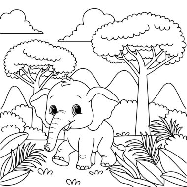 Ormanın arka plan renklendirme sayfası illüstrasyonunda şirin kawaii fil çizgi film karakteri