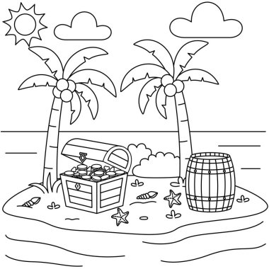 Hazine Sandığı ve Varil boyama sayfası olan Şirin Ada, anaokulu için vektör yazdırılabilir çalışma kağıtları. 