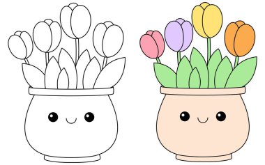 Çocuklar için lale boyama sayfalı Kawaii tenceresi, Anneler Günü boyama sayfası