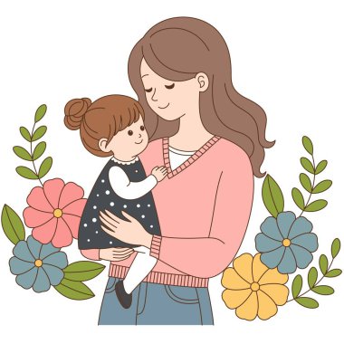 Cute kawaii Mother Holding a Child cartoon character vector illustration, Happy Mother's day illustrations  clipart