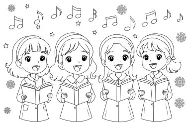 Boyama sayfası Bir grup çocuk Noel şarkıları söylüyor.