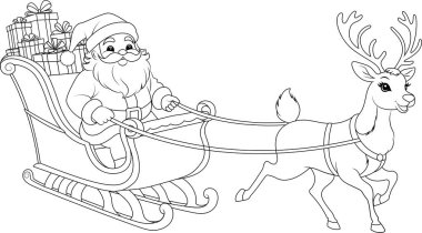 Renkli sayfa ren geyiği Noel Baba 'nın kızağını gece gökyüzünde çekiyor..