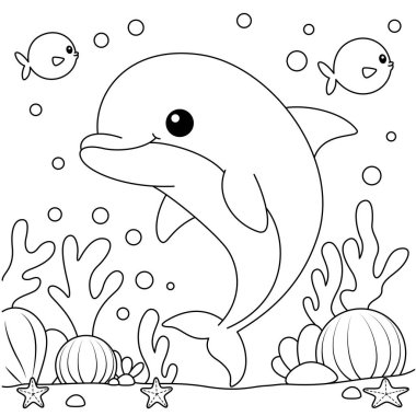 Cute dolphin with background coloring page for kids. Funny animal outline illustration clipart