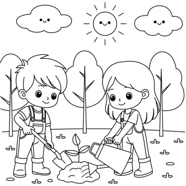 Şirin kawaii Çocuklar ağaç çizgi film karakteri boyama sayfası illüstrasyonu dikiyorlar