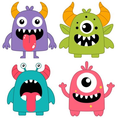 Mutlu Cadılar Bayramı. Komik renkli canavar silueti seti. Tatlı çizgi film kawaii bebek karakteri. Gözler boynuz dişler sivri dil.