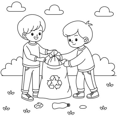 Şirin kawaii çevre dostu çocuklar atık boyama sayfaları topluyor. Çevreyi önemseyen kız, erkek. Dünya günü boyama sayfası. Çocukların çöp toplaması kavramı