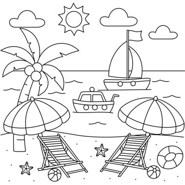 Şirin ada plajı yaz karikatürü sayfa boyama çizimi