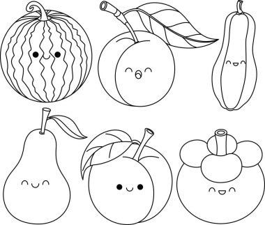 Şirin Kawaii Meyveli Karpuz, Şeftali, Erik, Armut, Papaya, Mangosteen Çizgi Filmi Karakteri Çocuklar için İzole Edilmiş Vektör Çizim Sayfası El Çizimi