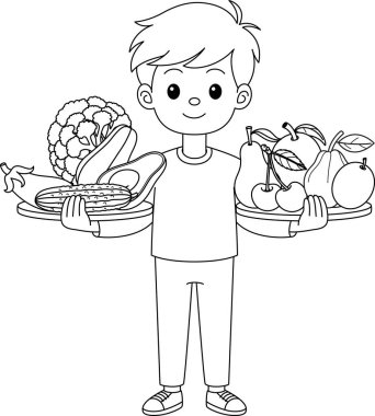 Meyve ve sebze boyama sayfası tutan çocuk. Bitki temelli diyet çevreyi korur. Gezegene çevre dostu konsept ya da sorumlu beslenme davranışları için küresel ısınmayı azaltmak