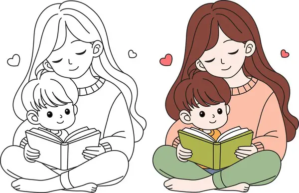 Şirin kawai Anne ve Oğlu çizgi roman okuyor karakter boyama sayfası çizimi, Mutlu Anneler Günü çizimleri 
