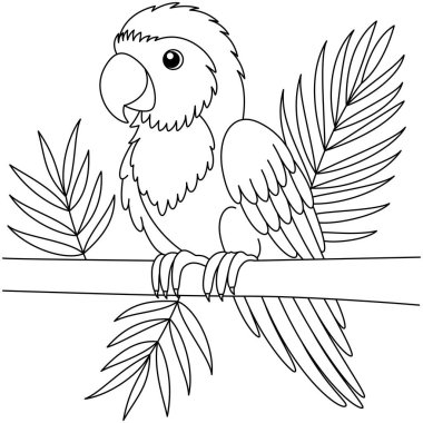 Ağaç dalındaki şirin papağan çizgi film karakteri boyama sayfası illüstrasyonunda.  
