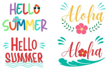Merhaba yaz, plaj titreşimleri, ilham verici alıntılar. Elle çizilmiş modern kaligrafi ifadeleri. Baskı, tişört, poster için vektör harfleri. 