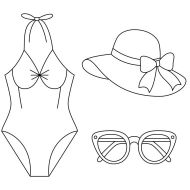 Kadın yaz kıyafetleri, şapka ve güneş gözlüğü taslak simgeleri seti. Yaz renklendirme sayfası çizimi