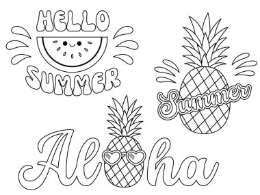 Merhaba yaz, aloha boyama sayfası. Bir dizi ilham verici alıntı. Elle çizilmiş karpuz, ananas gibi modern kaligrafi ifadeleri. Baskı, tişört, poster için vektör harfleri.  
