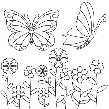 Cute kawaii butterflies cartoon character coloring page vector illustration in the flowers garden background. Insect animal colouring page for kids clipart