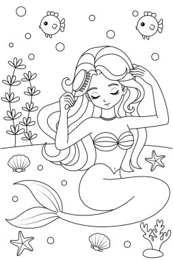 Hand-drawn illustration of kawaii mermaid princess is brushing hair coloring page for kids and adults. Mermaid colouring book clipart