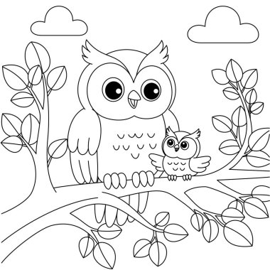 Şirin kawaii baykuşu ve bebek çizgi film karakteri karakter boyama sayfası çizimi. Vahşi hayvan, çocuklar için anneler günü boyama sayfası