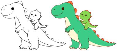 Şirin kawaii dinozoru ve bebek çizgi film karakteri karakter boyama sayfası çizimi. Vahşi hayvan, Anneler Günü, Çocuklar için Babalar Günü boyama sayfası