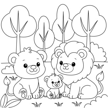 Şirin kawaii aslan ailesi ve bebek çizgi film karakteri sayfa vektör çizimi. Vahşi hayvanlar, anneler günü, babalar günü çocuklar için boyama sayfası