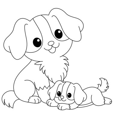 Cute kawaii dog and baby cartoon character coloring page vector illustration. Pet animal, mothers day colouring page for kids clipart