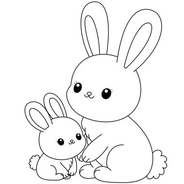 Şirin kawaii tavşanı ve bebek çizgi film karakteri sayfa çizimi. Evcil hayvan, çocuklar için anneler günü boyama sayfası