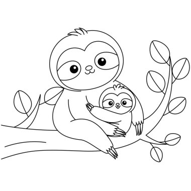 Şirin kawaii miskin hayvan ve bebek ağaç çizgi filminde karakter boyama sayfası çizimi. Vahşi hayvan, çocuklar için anneler günü boyama sayfası