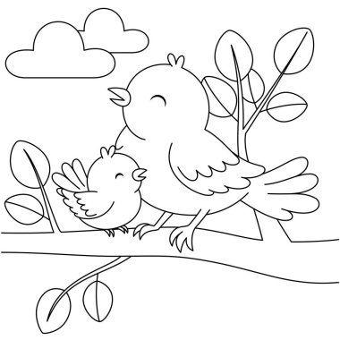 Ağaç karikatüründeki tatlı kawaii kuşu ve bebek karakter boyama sayfası çizimi. Vahşi hayvan, çocuklar için anneler günü boyama sayfası