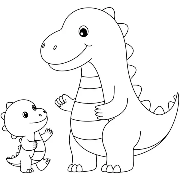 Şirin kawaii dinozoru ve bebek çizgi film karakteri karakter boyama sayfası çizimi. Vahşi hayvan, çocuklar için anneler günü boyama sayfası