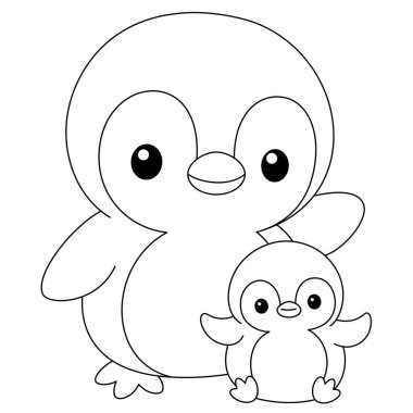 Şirin kawaii peguin ve bebek çizgi film karakteri boyama sayfası çizimi. Vahşi hayvan, çocuklar için anneler günü boyama sayfası