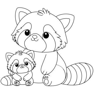 Şirin kawaii kırmızı panda ve bebek çizgi film karakteri karakter boyama sayfası çizimi. Vahşi hayvan, çocuklar için anneler günü boyama sayfası