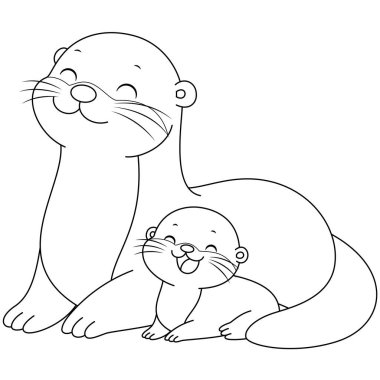 Şirin kawaii su samuru ve bebek çizgi film karakteri karakter boyama sayfası çizimi. Vahşi hayvan, çocuklar için anneler günü boyama sayfası