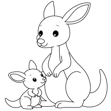 Şirin kawaii kanguru ve bebek çizgi film karakteri boyama sayfası çizimi. Vahşi hayvan, çocuklar için anneler günü boyama sayfası
