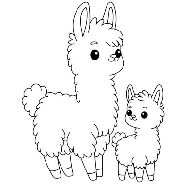 Şirin kawaii lama ve bebek çizgi film karakteri karakter boyama sayfası çizimi. Vahşi hayvan, çocuklar için anneler günü boyama sayfası