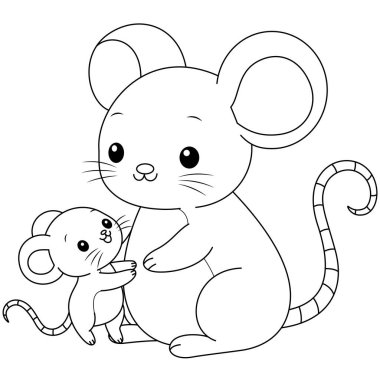 Şirin kawaii faresi ve bebek çizgi film karakteri karakter boyama sayfası çizimi. Vahşi hayvan, çocuklar için anneler günü boyama sayfası