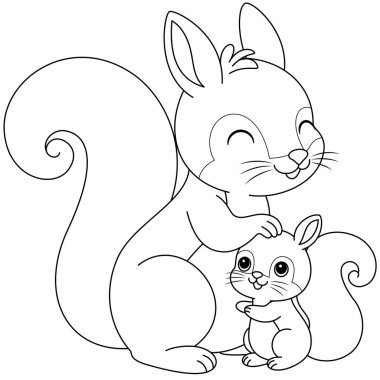 Şirin kawaii sincabı ve bebek çizgi film karakteri sayfa çizimi. Vahşi hayvan, çocuklar için anneler günü boyama sayfası