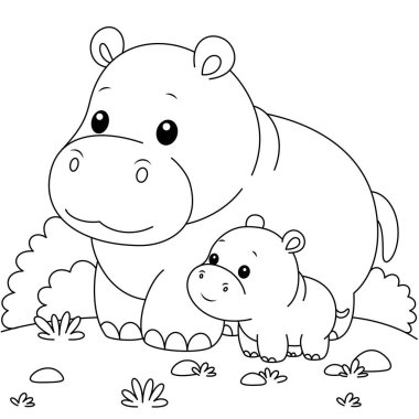 Şirin kawaii hipopotam ve bebek çizgi film karakteri boyama sayfası çizimi. Vahşi hayvan, çocuklar için anneler günü boyama sayfası