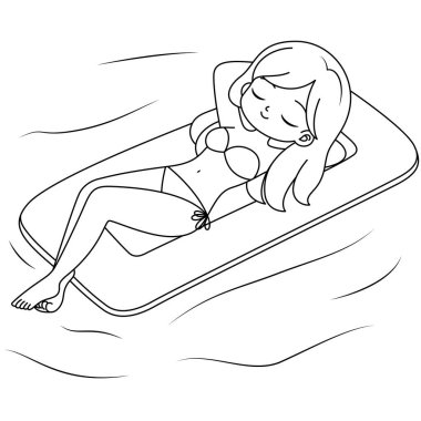 Çocuklar için havuz boyama sayfasında güneşlenen kız. Yaz taslak boyama sayfası beyaz arkaplanda izole edilmiş. Çocuklar için yaz boyama kitabı 