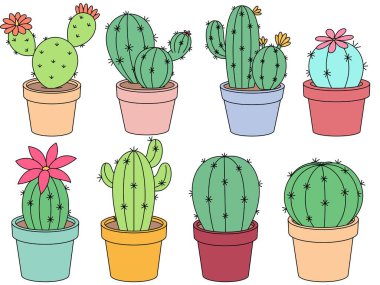 Kaktüs çizimi seti. Beyaz arkaplanda izole edilmiş karalama çizgisi boyama sayfası. Yaz elementleri