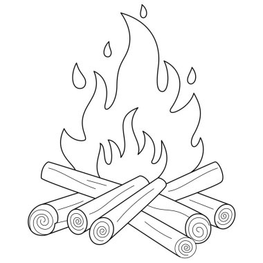 Çocuklar için kamp ateşi boyama sayfası. Kamp çizgisi boyama sayfası beyaz arka planda izole edilmiş. Çocuklar için yaz boyama kitabı 