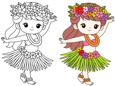 Çocuklar için Hula dansçısı kız Hawaii boyama sayfasının çizgi film karakteri. Yaz tatili vektör illüstrasyonu