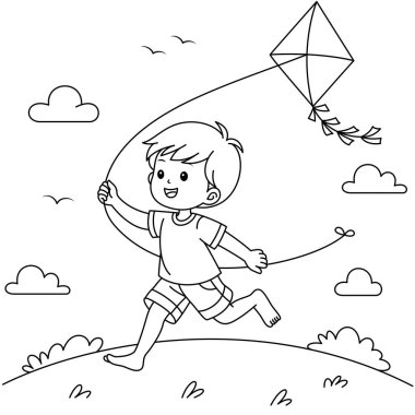 Çocuklar için tepe boyama sayfasında uçurtma uçuran sevimli çocuk karakteri. Yaz etkinliği tatil vektör illüstrasyonu