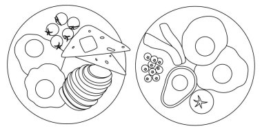 Temiz tabak yemek, beyaz arka planda izole çocuklar için salata boyama sayfası. Anaokulu çocukları için siyah beyaz yemek. Vektör illüstrasyonu, elle çizilmiş 