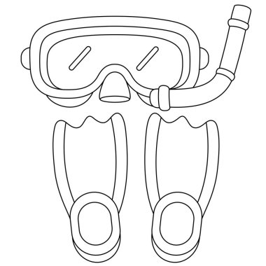 Maske, solunum tüpü, paletler çocuklar için beyaz arkaplan boyama sayfasına izole edilmiş semboller çizilmiş. Yaz etkinliği tatil vektör illüstrasyonu