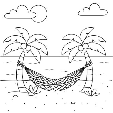 Hamak çocuklar için yazlık plaj boyama sayfasında hindistan cevizi ağacına asılıydı. Yaz etkinliği tatil vektör illüstrasyonu