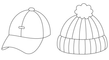 Beanie ve şapka boyama sayfası. Örülmüş kışlık kıyafetler, vektör düz çizimler. Çocuklar için kış boyama sayfası